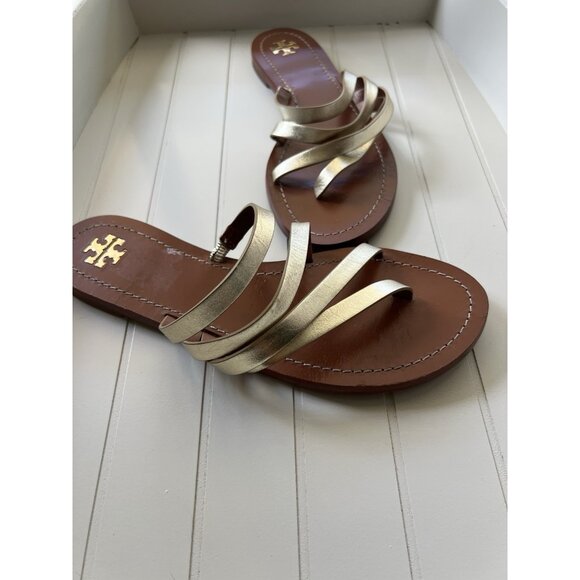 Tory Burch Patos Metallic Strappy Sandals Gold Leather Slides Summer Chic Size 9 - Picture 9 of 13